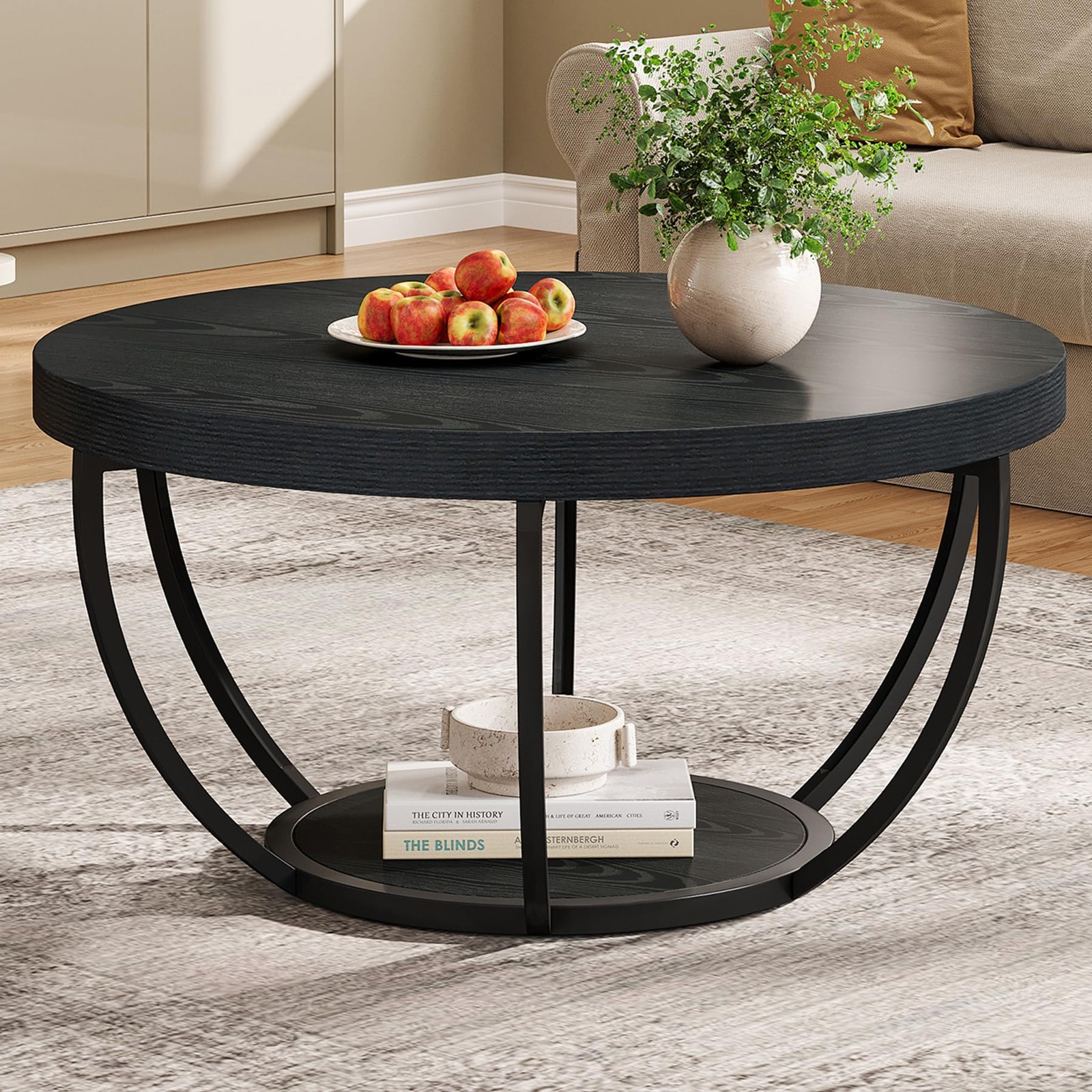 All Black 31.7 Inch Round Two Tier Coffee Table With Storage Shelf Modern