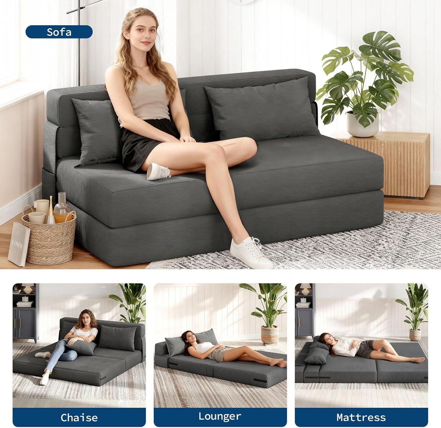 Tufted‑Floor‑Structure Composes The 4‑in‑1 Folding Sofa Bed, Dark‑Gray Convertib