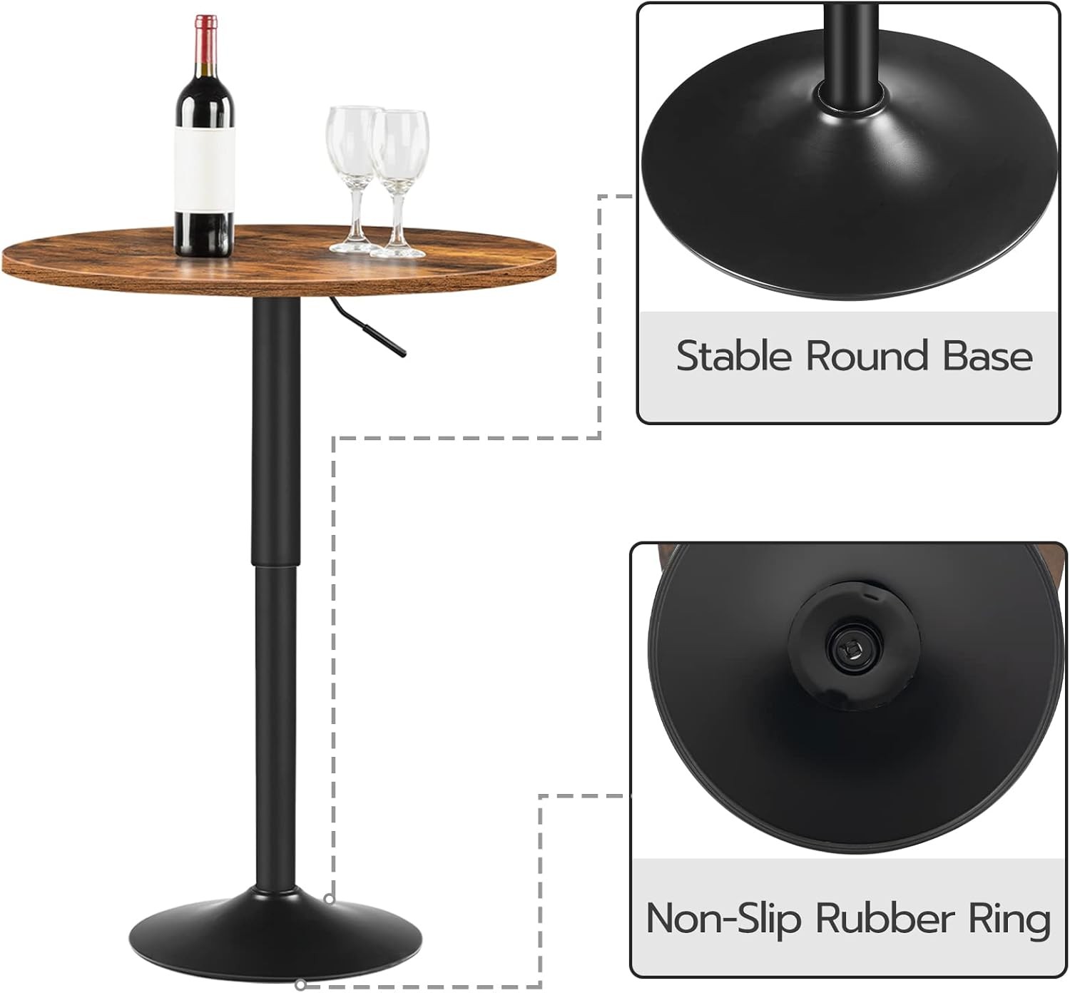 Bar Table Height-Adjustable Round Pub Table 27-35.4 Inches W/ Sturdy Base Modern