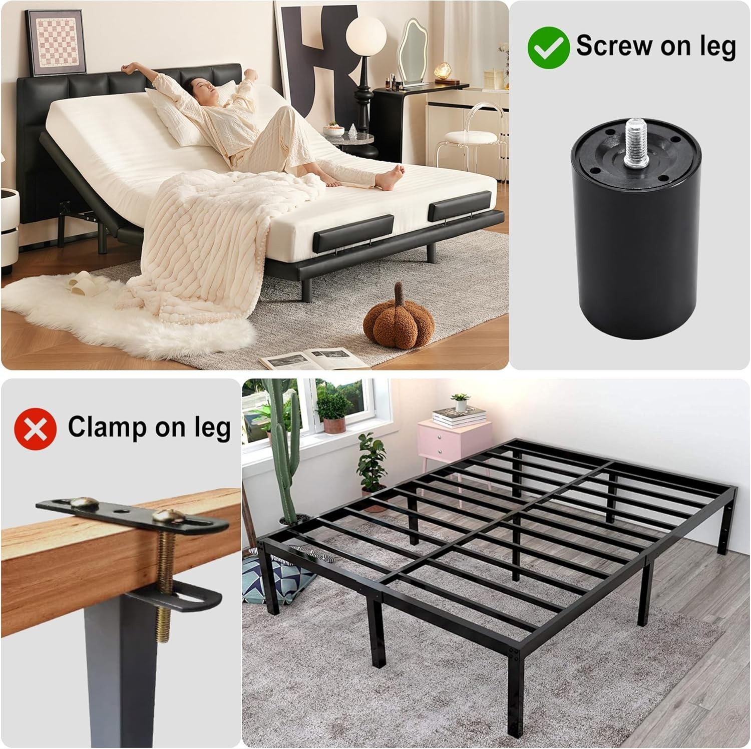 Adjustable Bed Legs Replacement for Base Frame, 4 Kind Threads 12″ 3-in-1 Legs