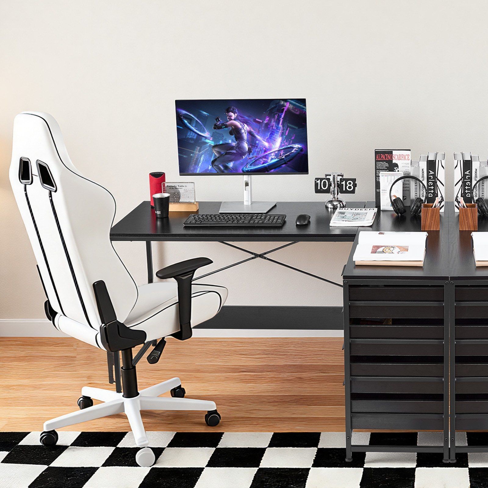 59in Reversible L Desk: Sturdy Workstation w/ 4 Wood Drawers & Dual Open Shelves