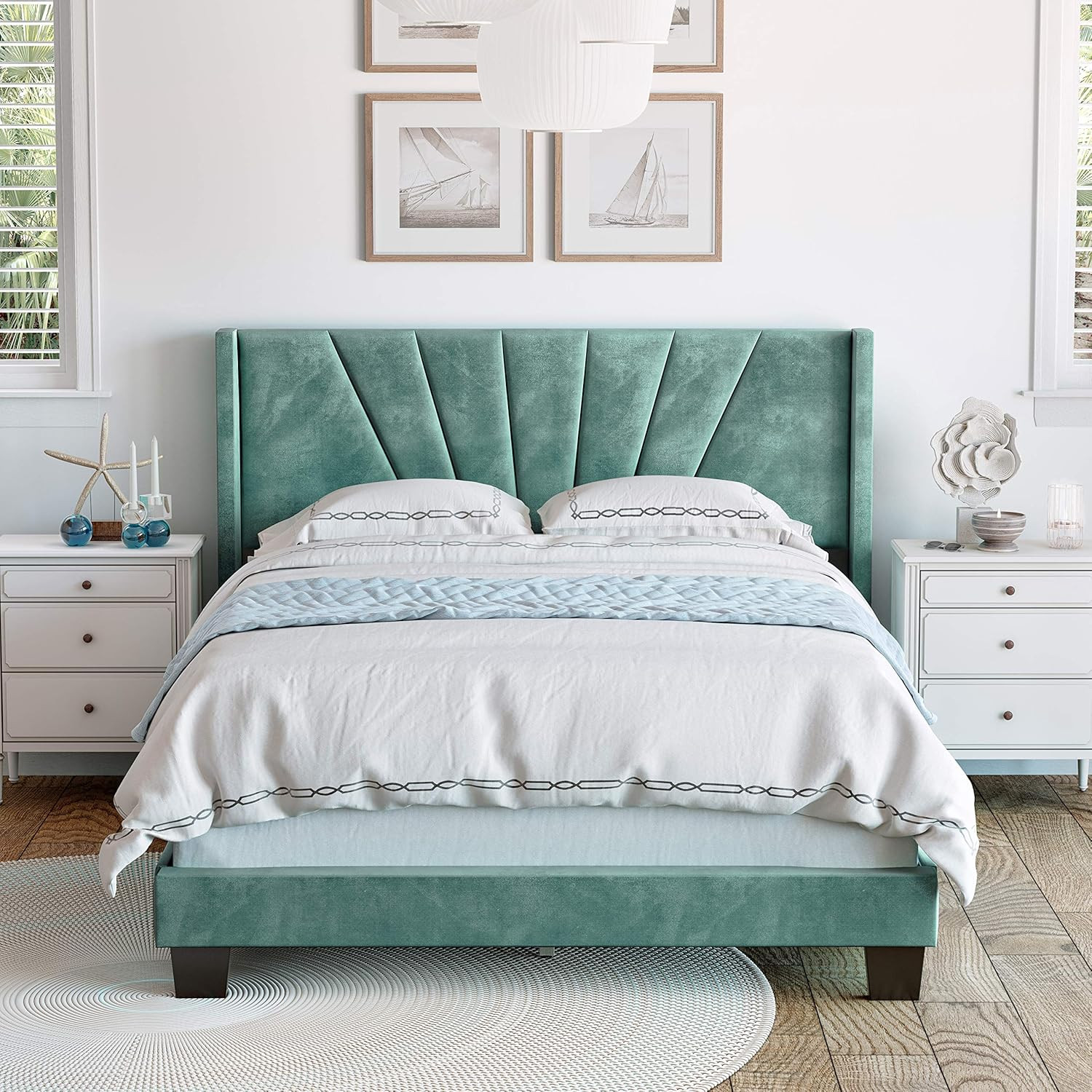 Valencia King Size Winged Upholstered Bed in Aqua Velour with Headboard