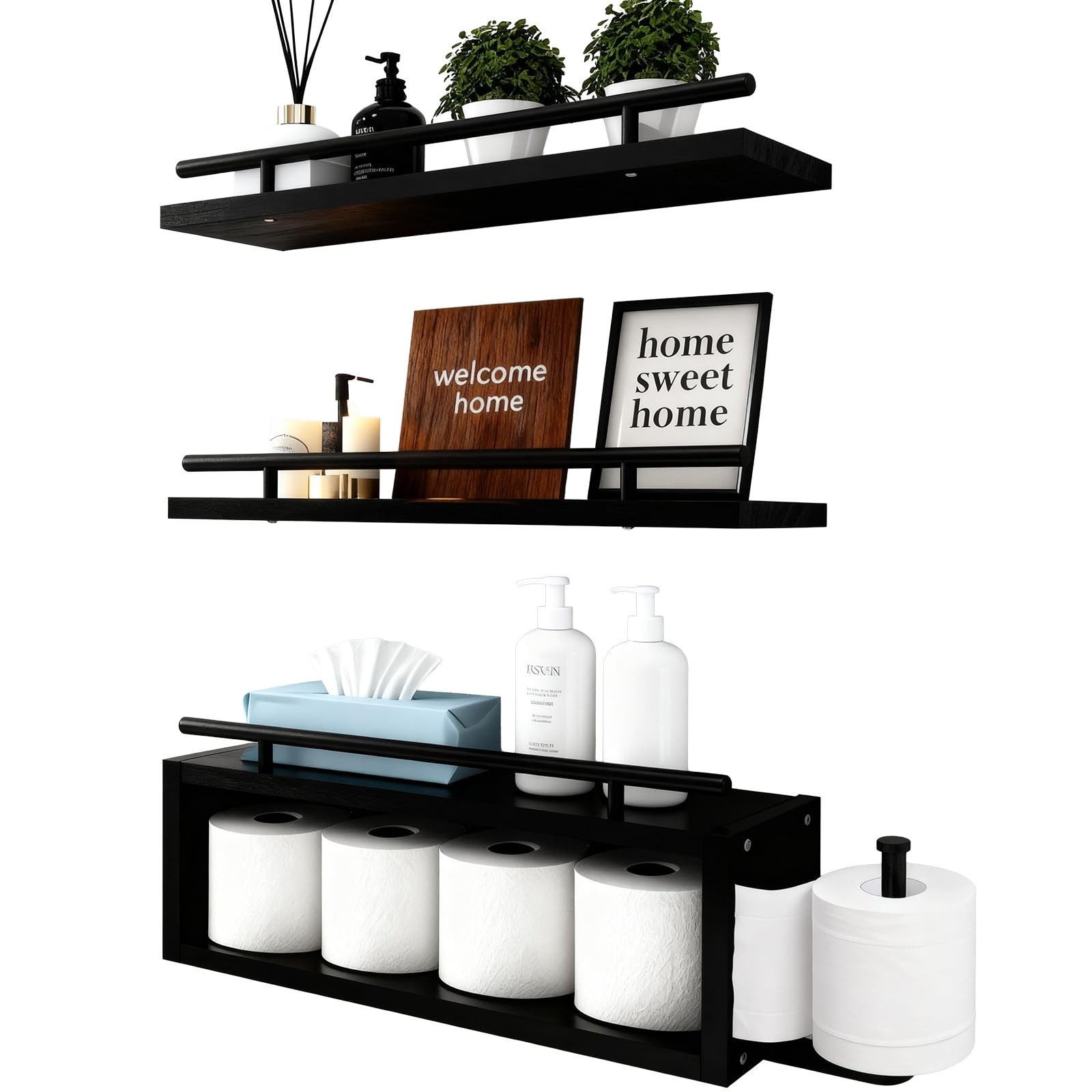 Black Wood Floating Shelves Over Toilet Paper Towel Holder Organizer 3 Pack