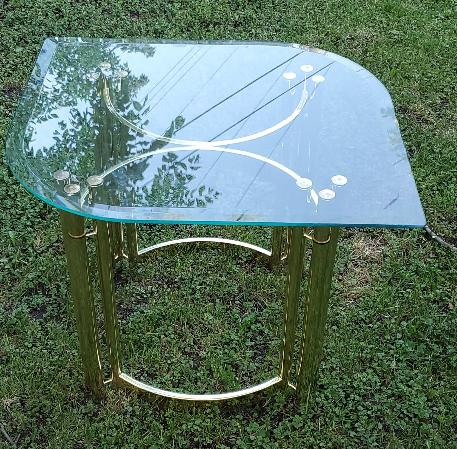 MCM Glass Top End/Side Table with Gold Tone Metal Base, Clear/Gold Glossy