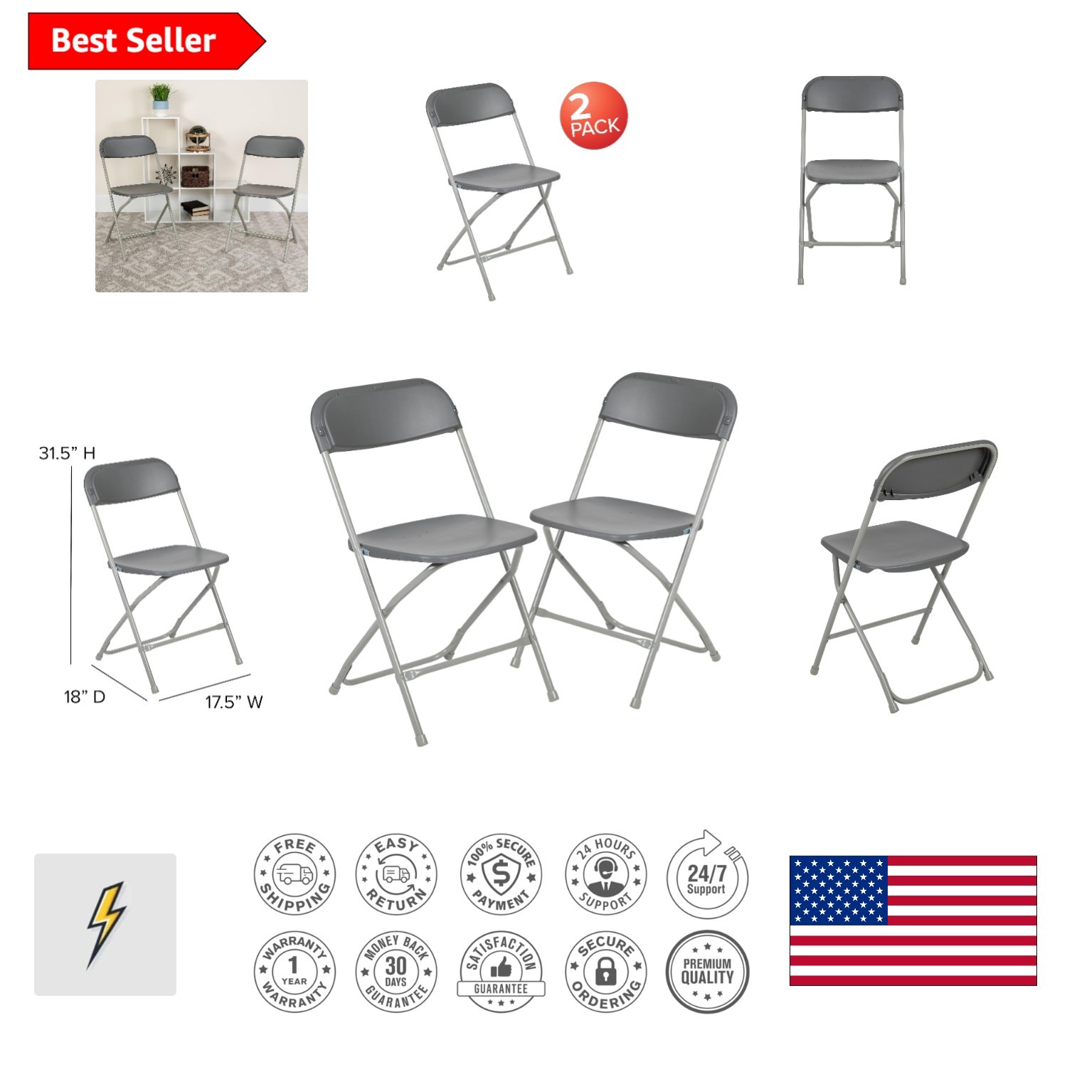 Durable Grey Folding Chairs – 2 Pack, 650LB Weight Capacity for Versatile Use
