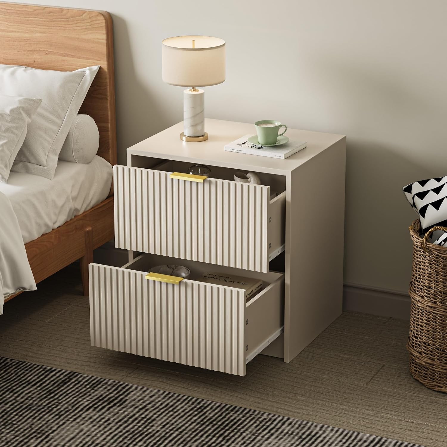 Fluted Nightstands Set of 2 with 2 Drawers, 19.6″ Modern Storage Bedside Table