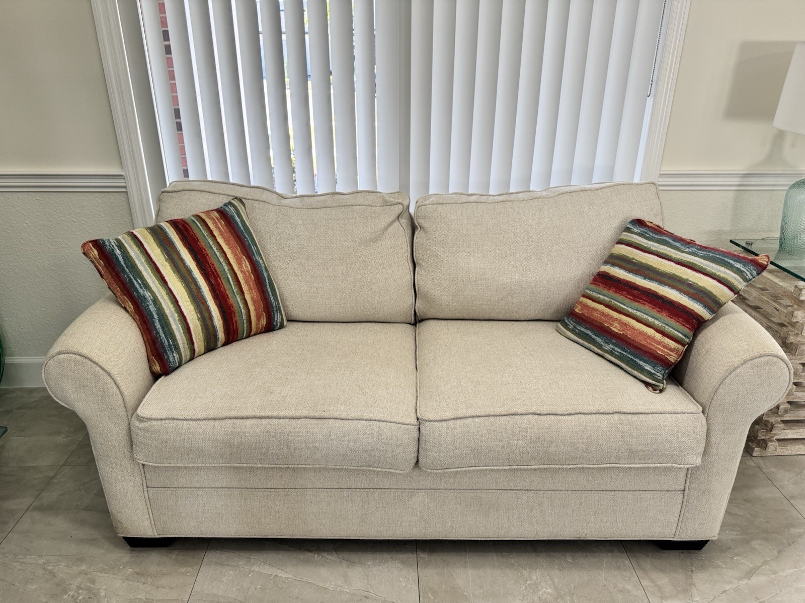 Beige Polycotton Loveseat Sofa with Striped Accent Pillows, Wood Frame, 2-Seater