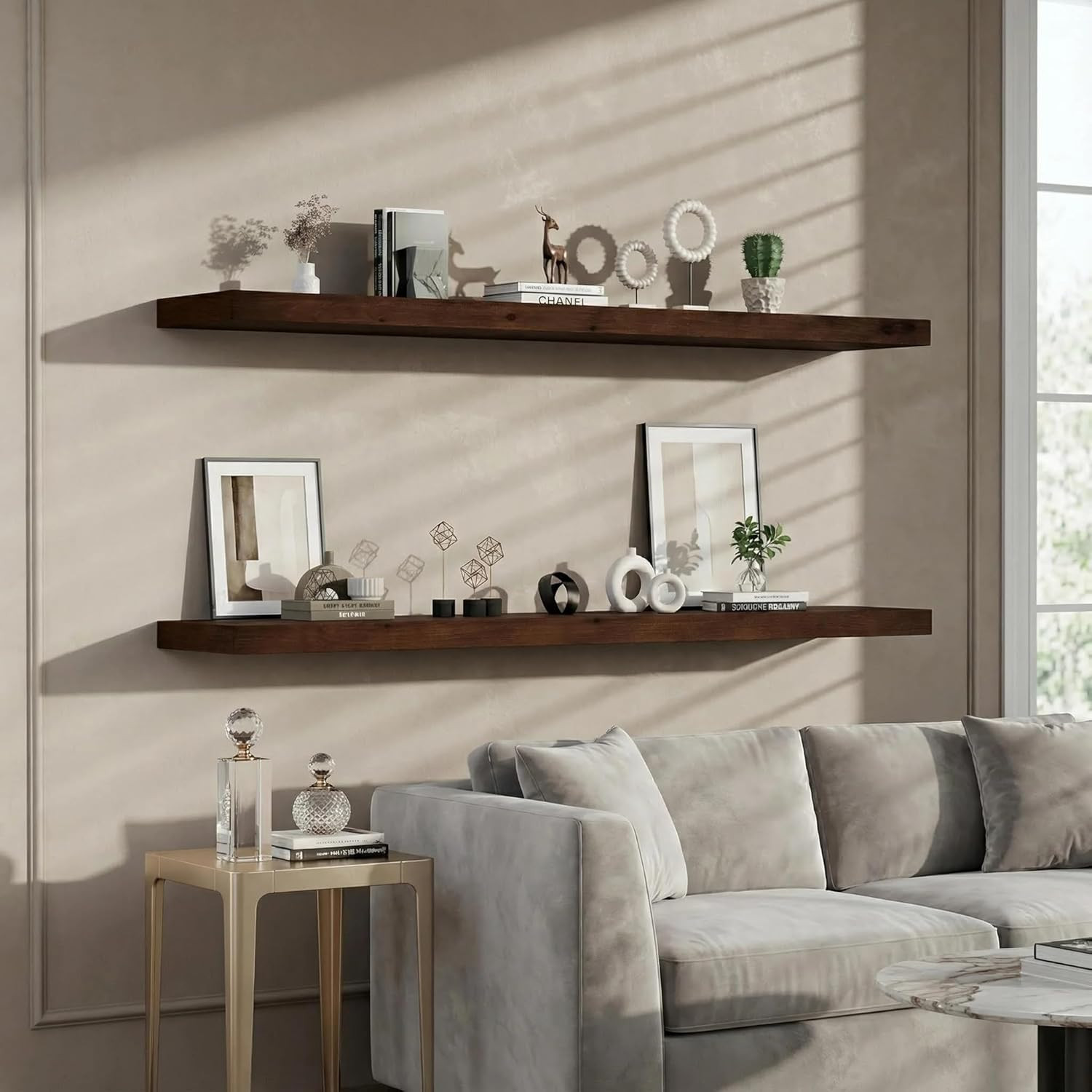 72″ Rustic Pine Wood Floating Shelf with Hidden Brackets – Walnut Finish