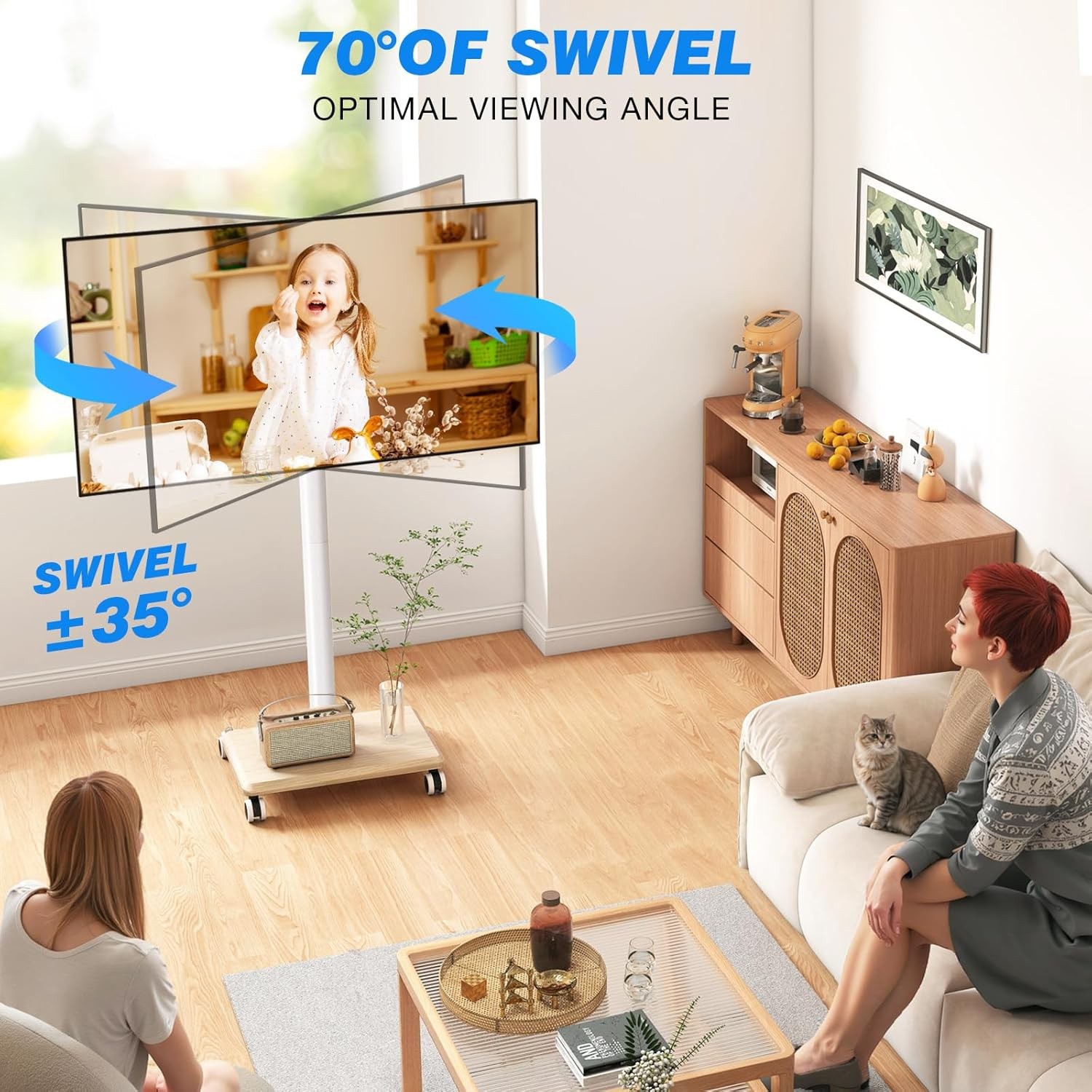 Rfiver Rolling TV Stand 32-55 Inch Height Adjustable Mobile White