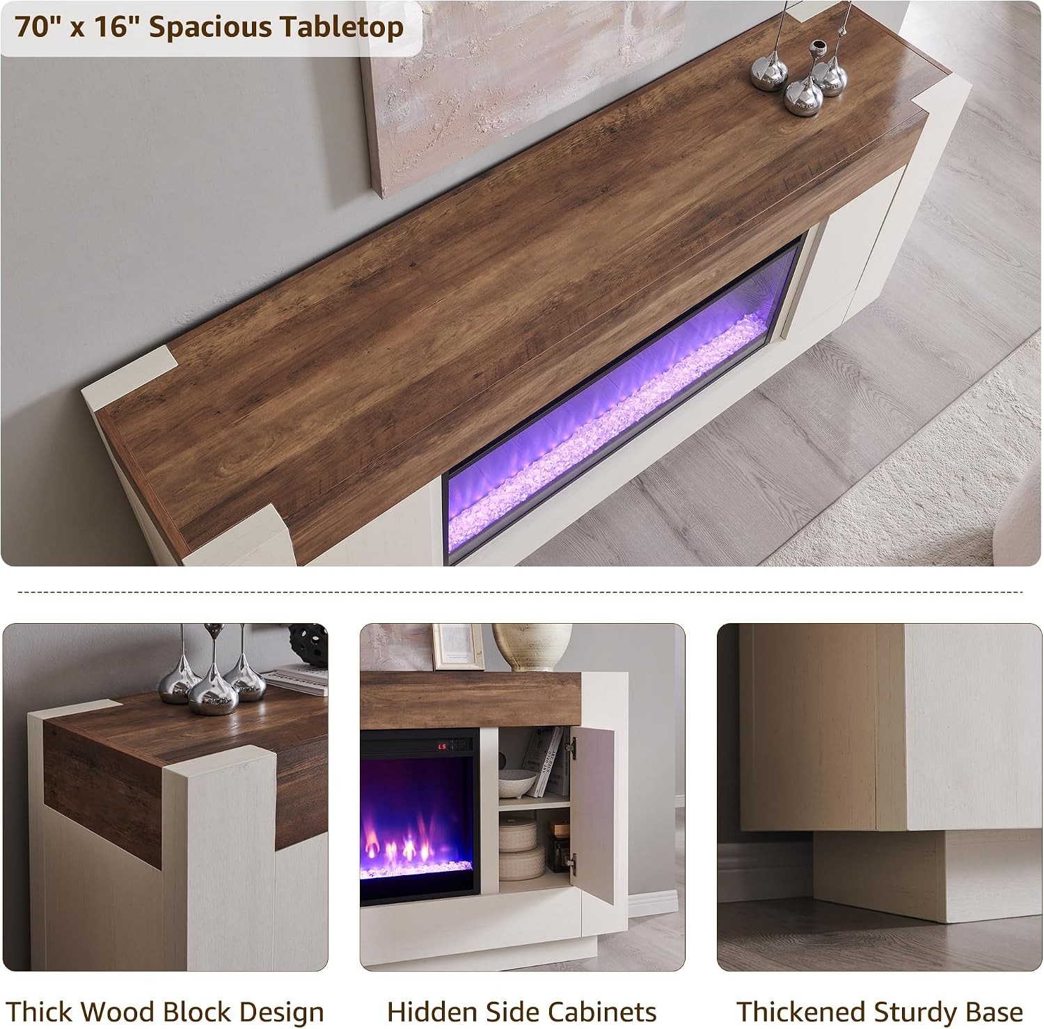 70″ Fireplace TV Stand With 36″ Electric Fireplace Wood Design For Living Room