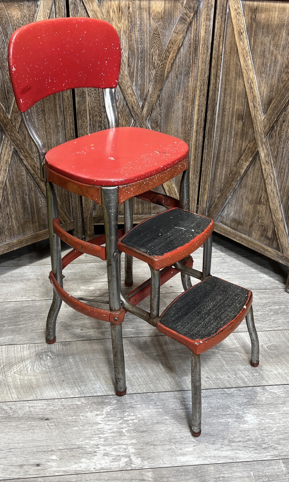 Vintage 1950s MCM Red Cosco Vinyl Metal Two Step Kitchen Stool Chair Pullout