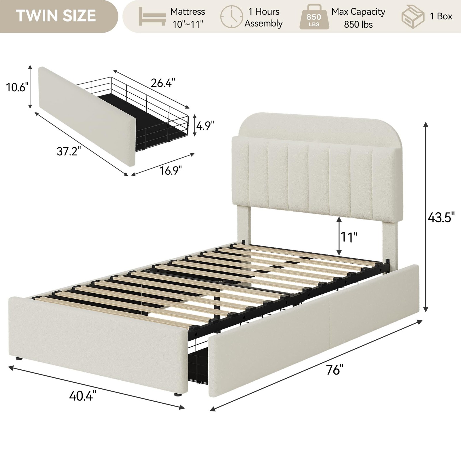 Bed Twin Size Upholstered Frame w/ 2 Drawer & Storage Headboard for Kids/Girls
