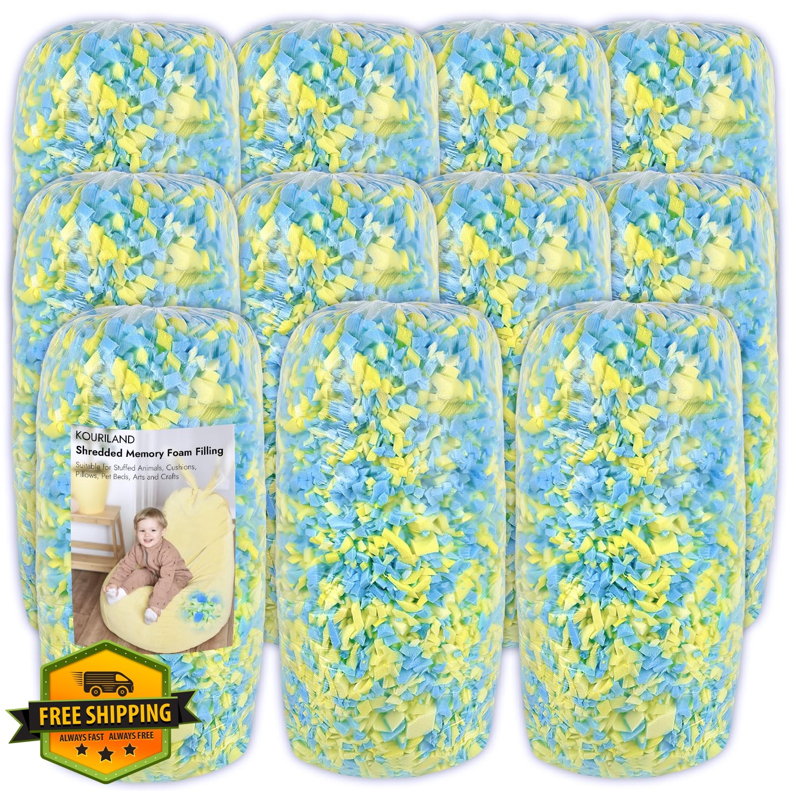 KOURILAND 55LB Blue Yellow Memory Foam Bean Bag Filler