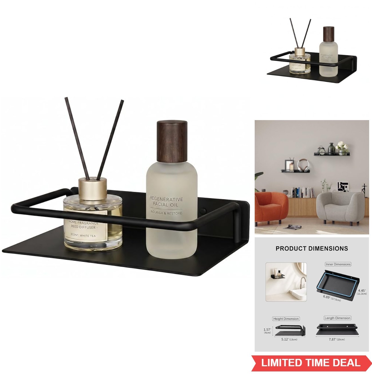 8 Inch Small Floating Shelf Wall Mounted Metal Bathroom Shelves Black Storage