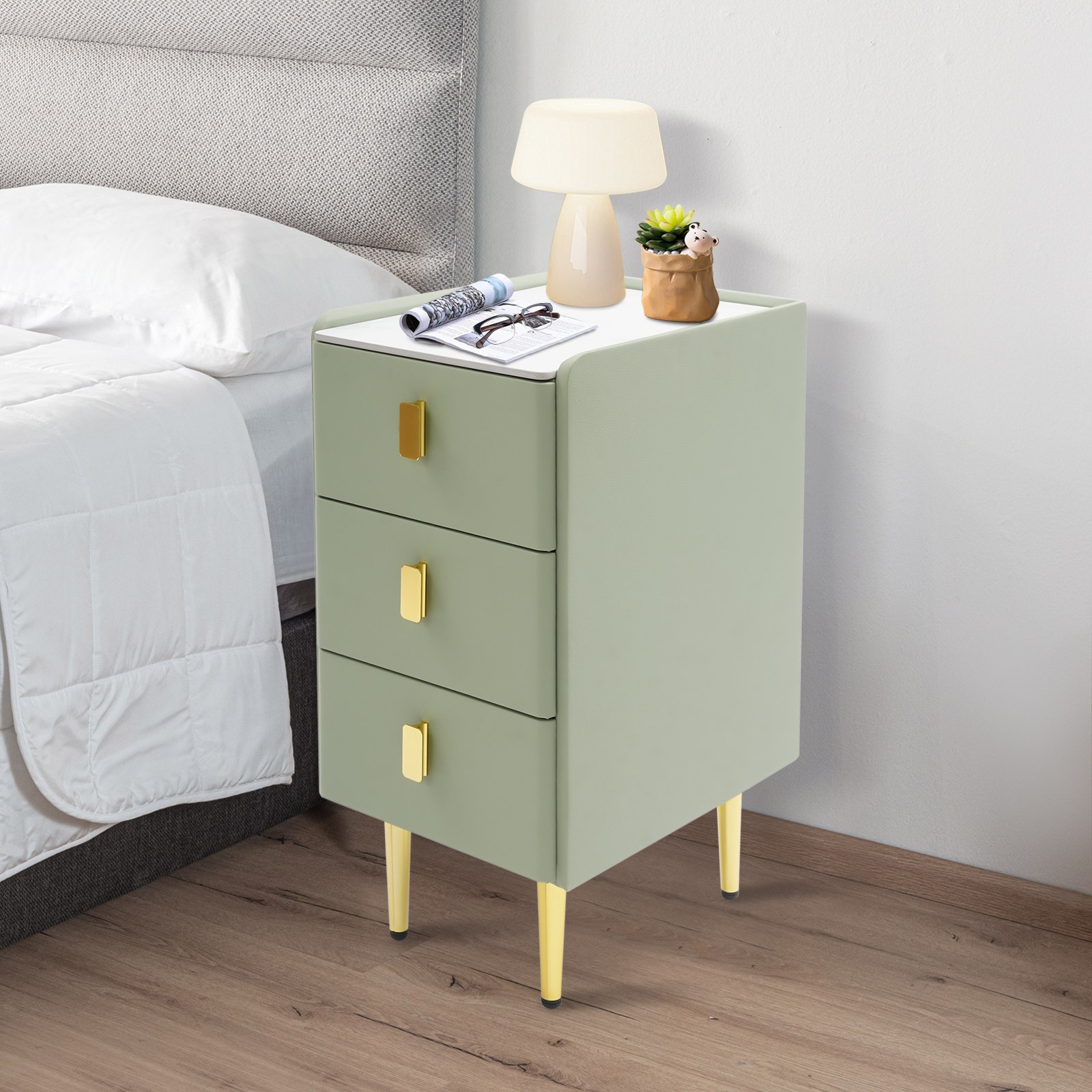 Narrow 3-Drawer Nightstand Bedside Table Green Gold Leather Rock Slab Top