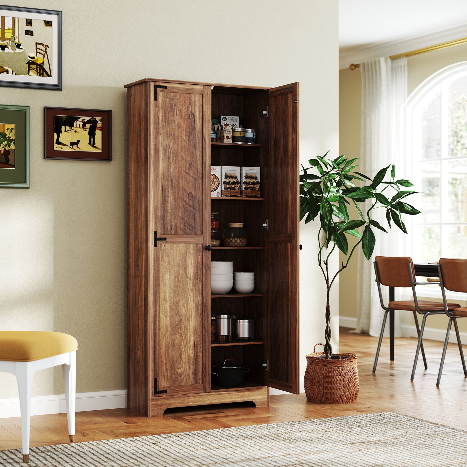 72″ Farmhouse Pantry Cabinet, Tall Storage Cabinet, Brown