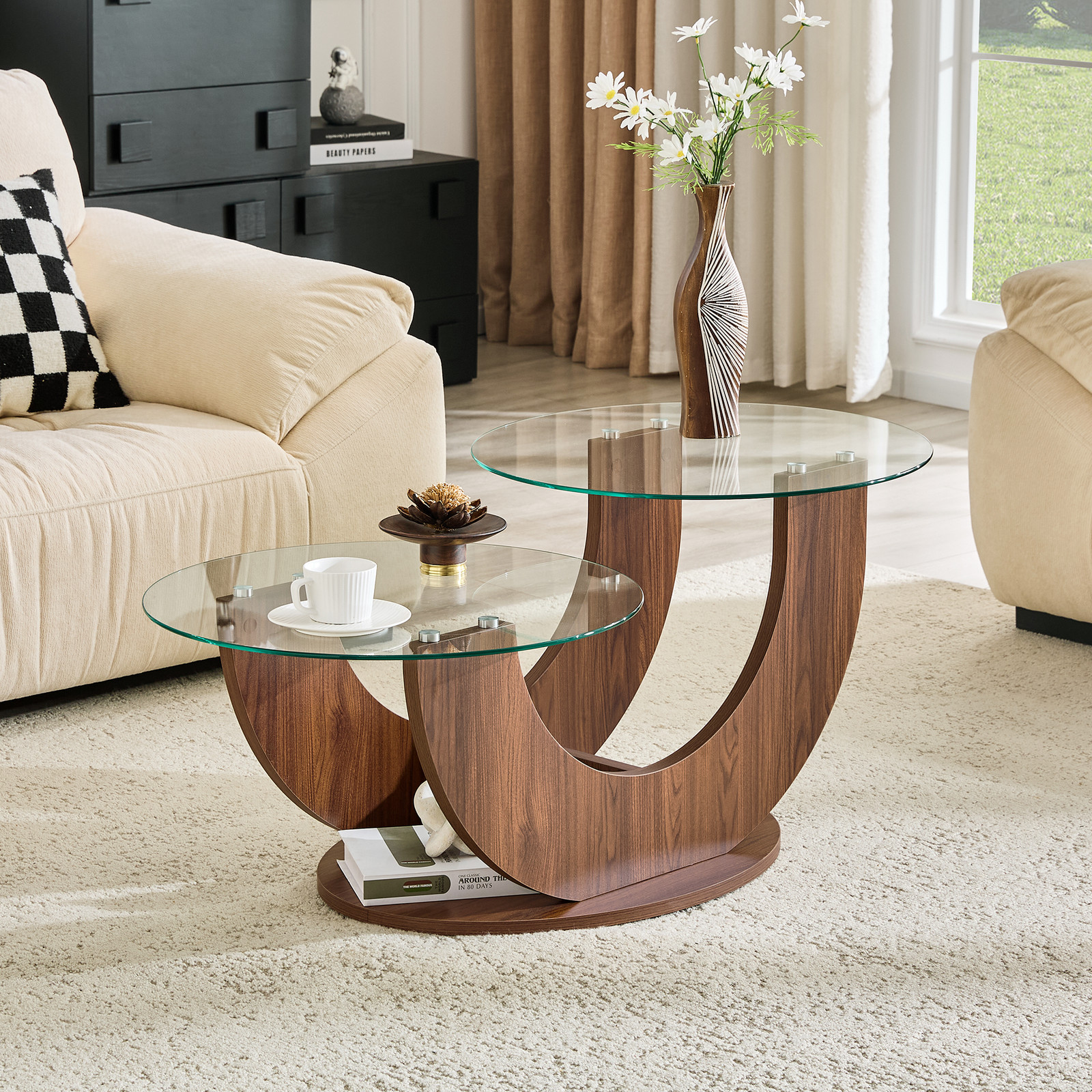 U-Shaped Double-Tier Glass Coffee Table with Walnut MDF Base – 19.6″ H