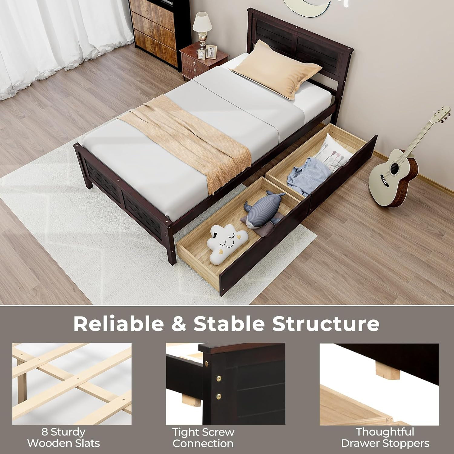 Espresso Twin Bed Frame with Storage Drawers, Solid Wood Platform for All Ages