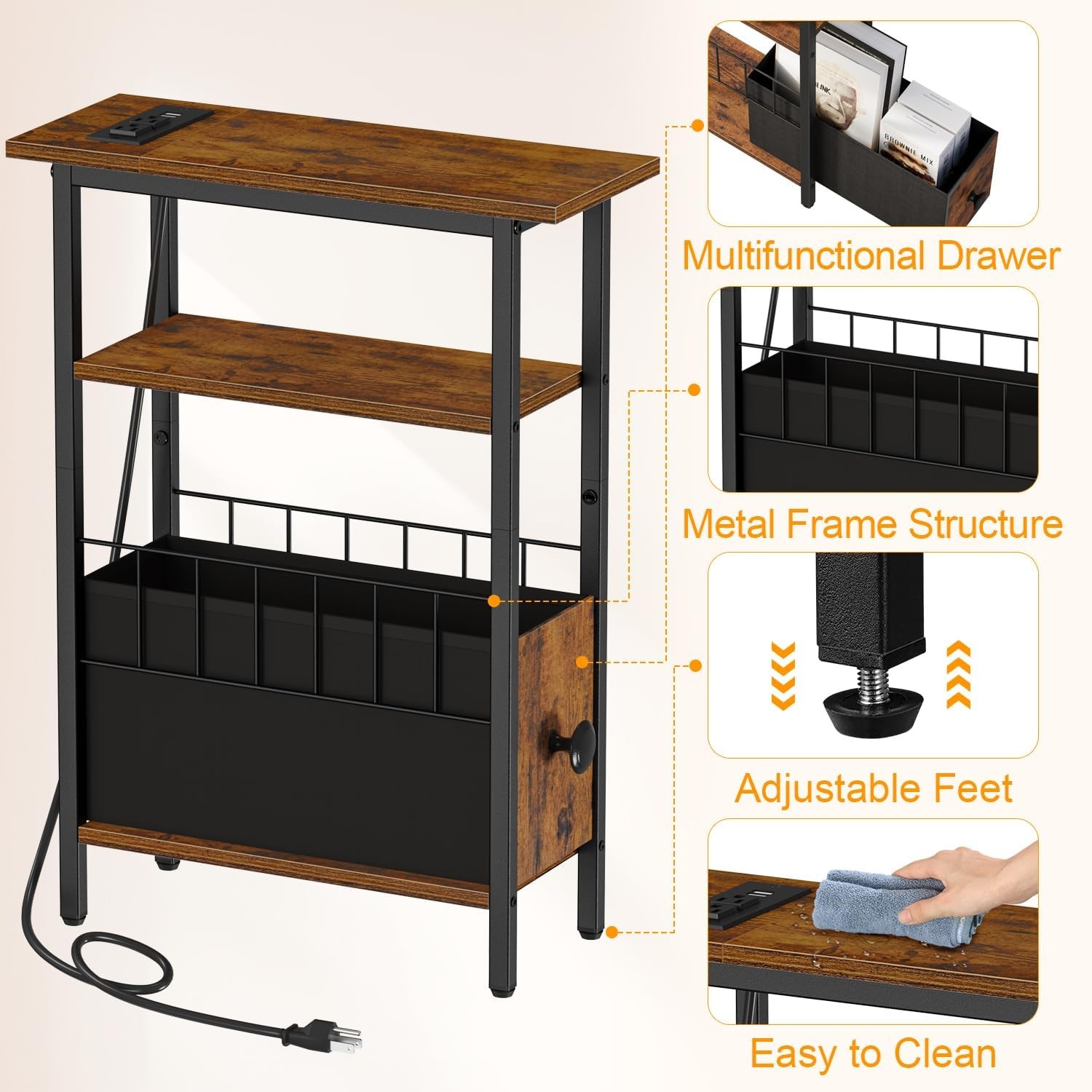 Slim End Table with Charging Station, Narrow Nightstand with Drawer