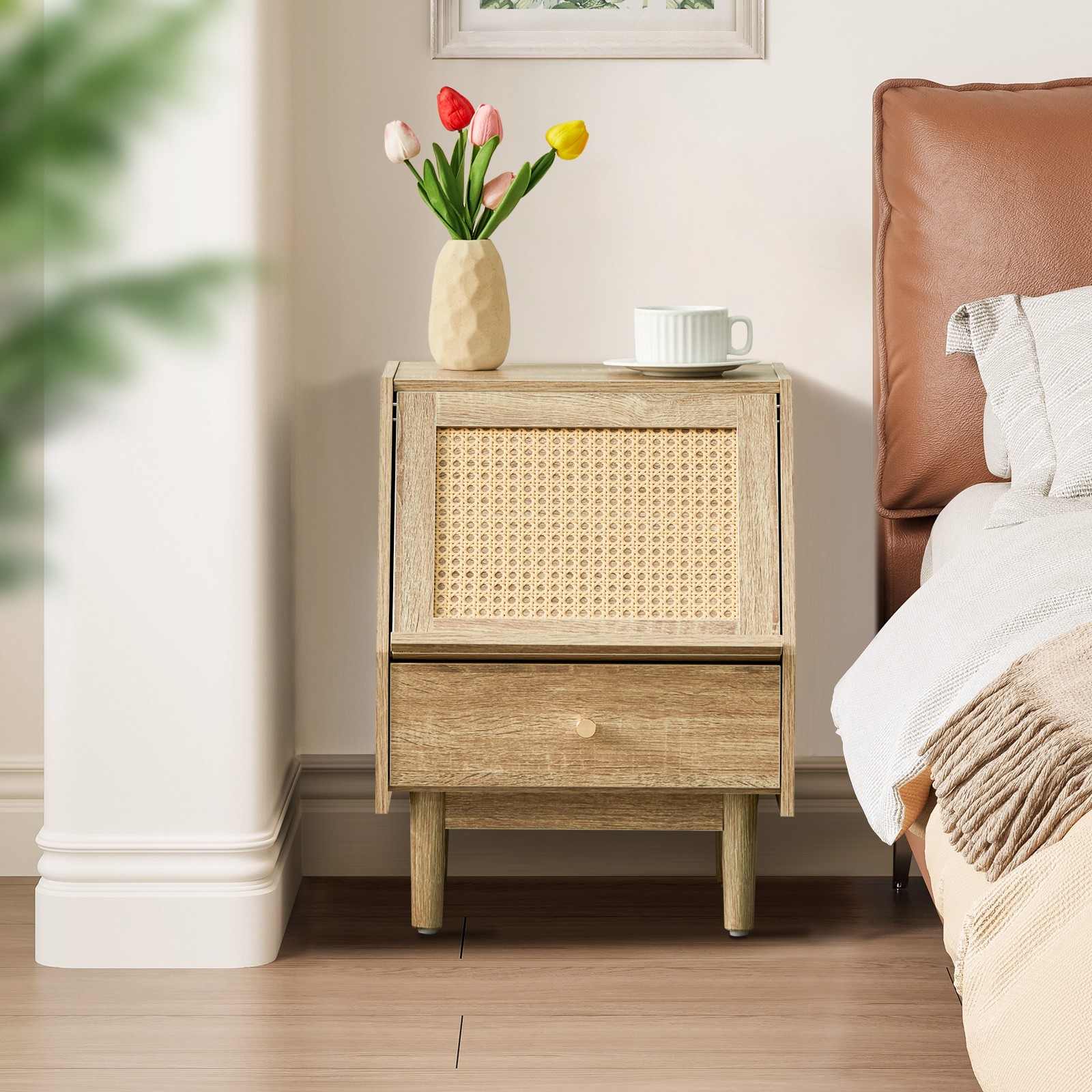 Brown Bedside Table Nightstand with Pull&Push Drawer P2 Grade Engineering Wood