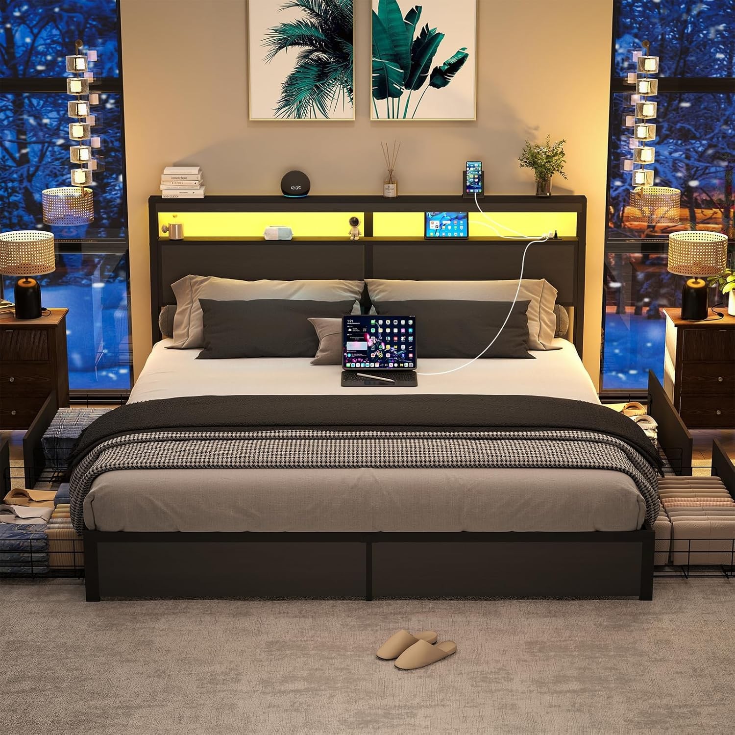 Full Size Platform Bed Frame with RGB Headboard and 4 Drawers & Charging Station