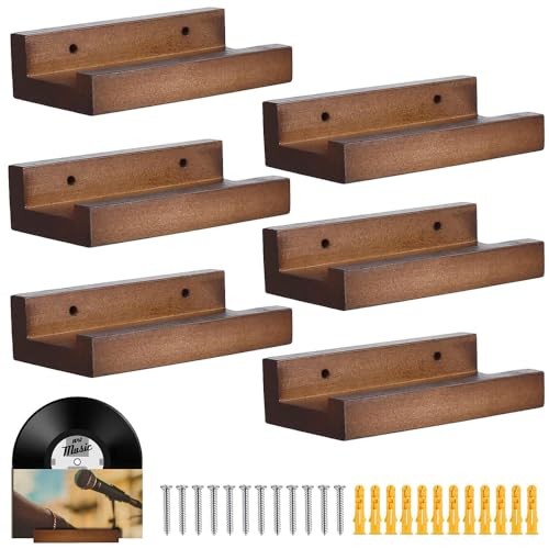 6-Pack Wood Vinyl Record Shelf Wall Mount, Retro Brown Floating Shelves for