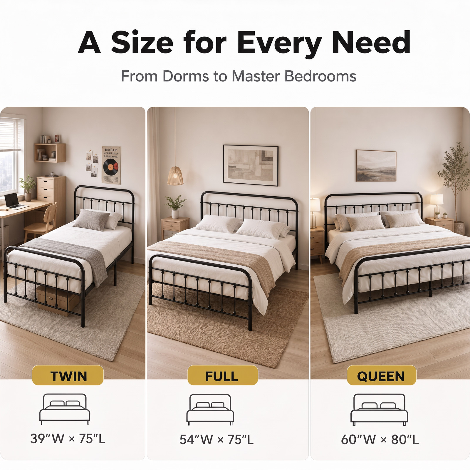 Metal Platform Bed Frame Under-Bed Storage, No Box Spring Needed Easy Assembly