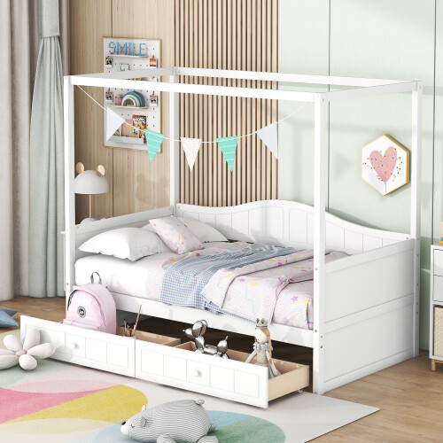 Canopy Platform Bed Solid Wood Daybed with Trundle or Storage Drawers Sofa Beds