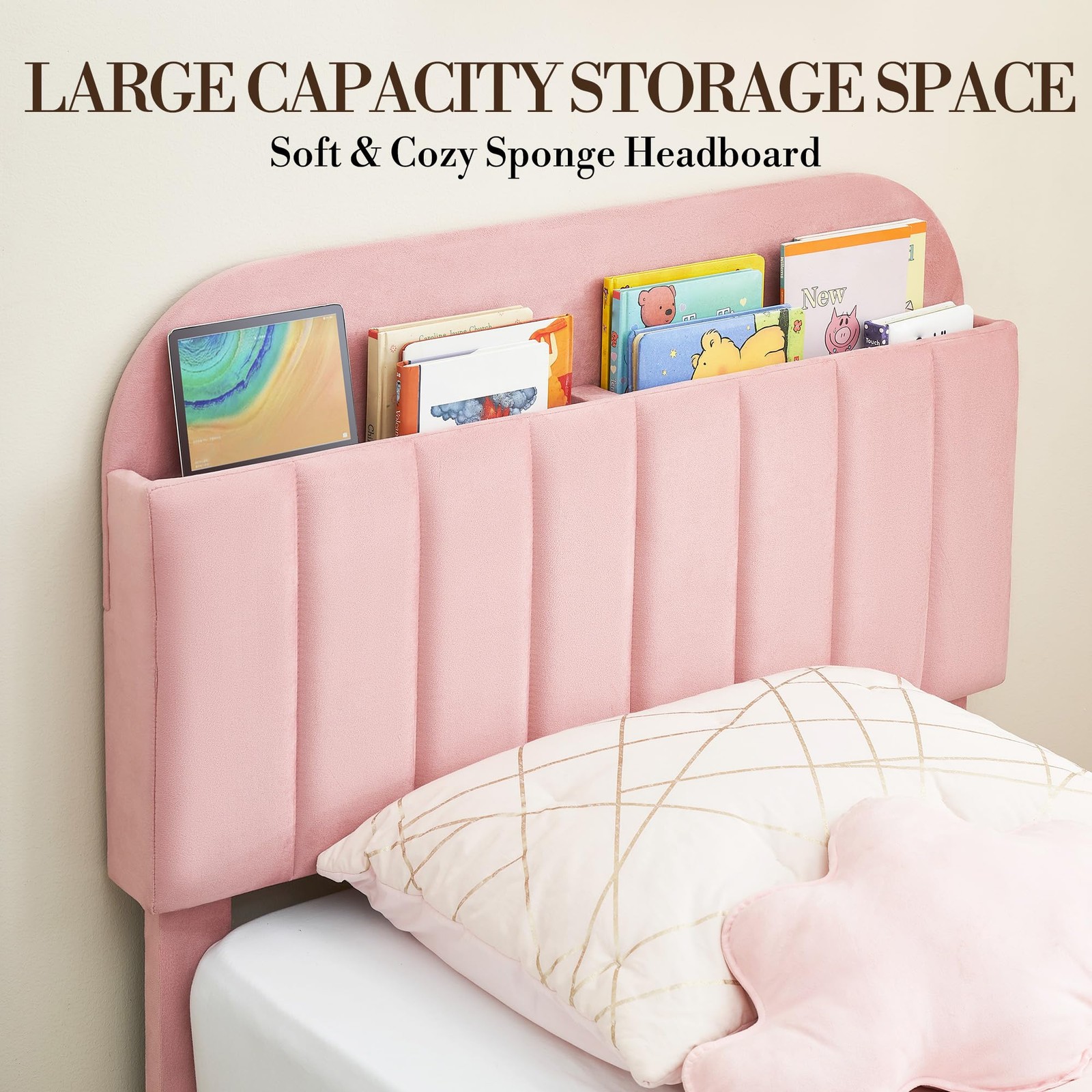 Twin Bed Frame Velvet Headboard for Kids Girls ,Velvet Upholstered Platform