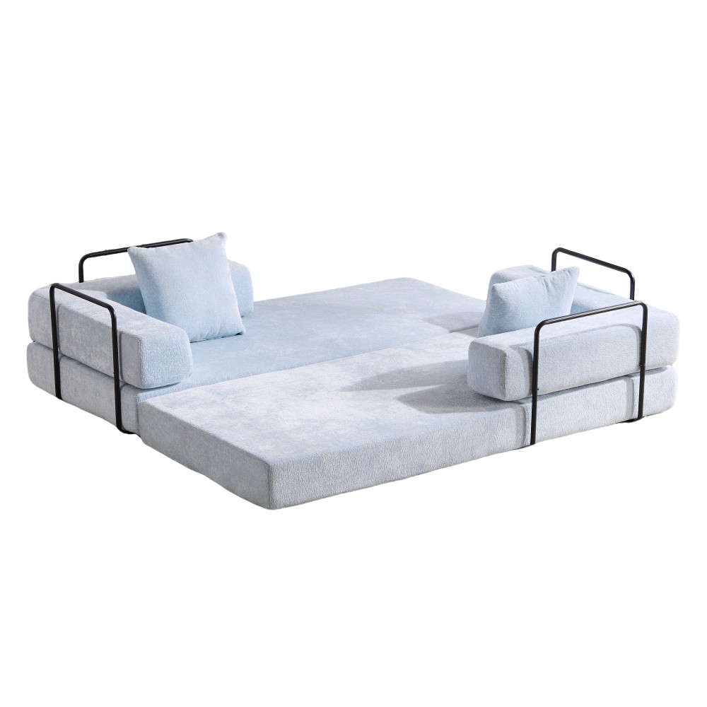 76″ Convertible Floor Sofa Bed, Light Blue Chenille, Pillow Back Armrest