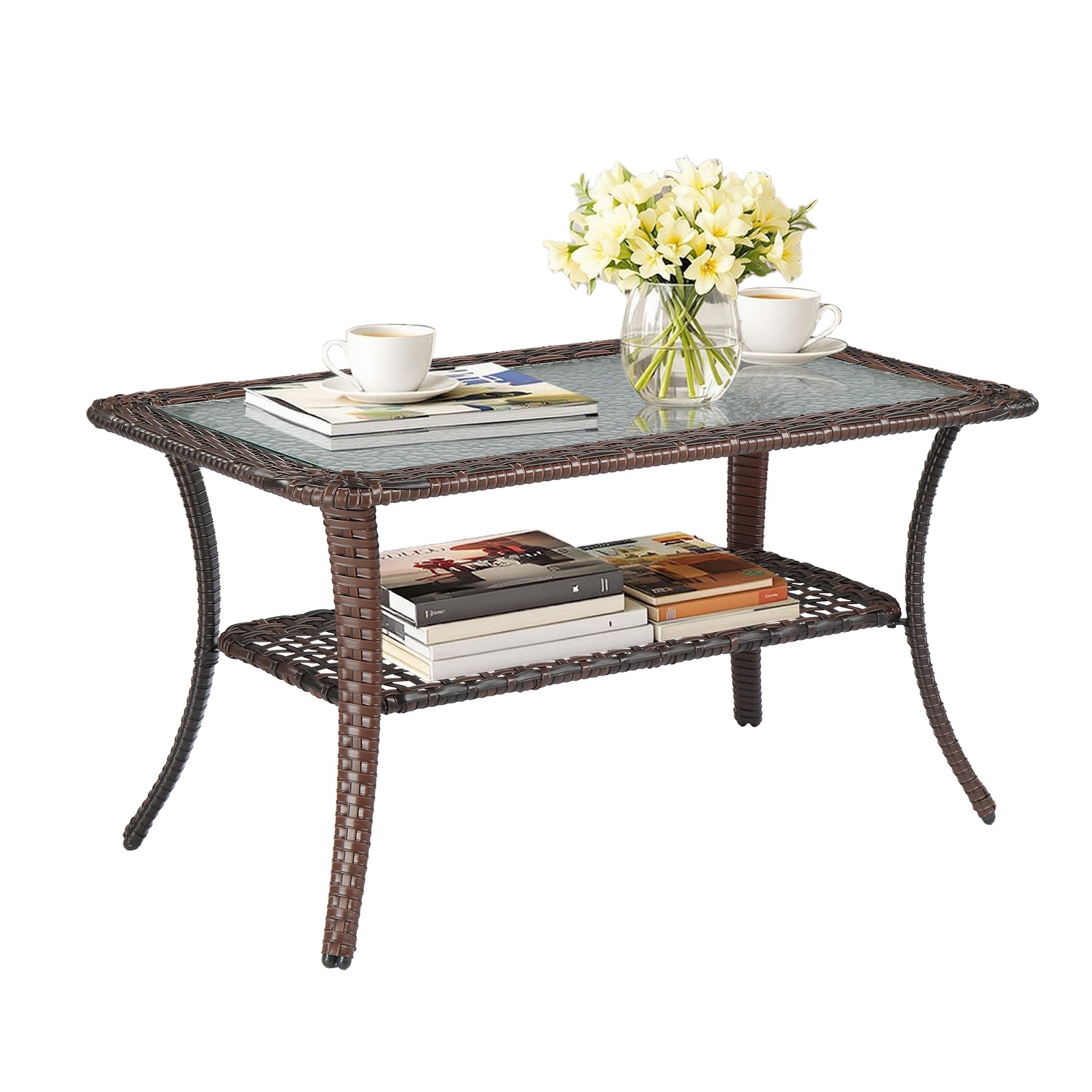 Outdoor Wicker Side Table Coffee Bistro Table, Rattan End Table with Glass Top