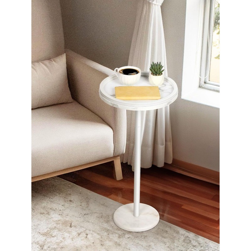 Small Round Side Table with White Marble Base,Modern Martini Pedestal Side Table