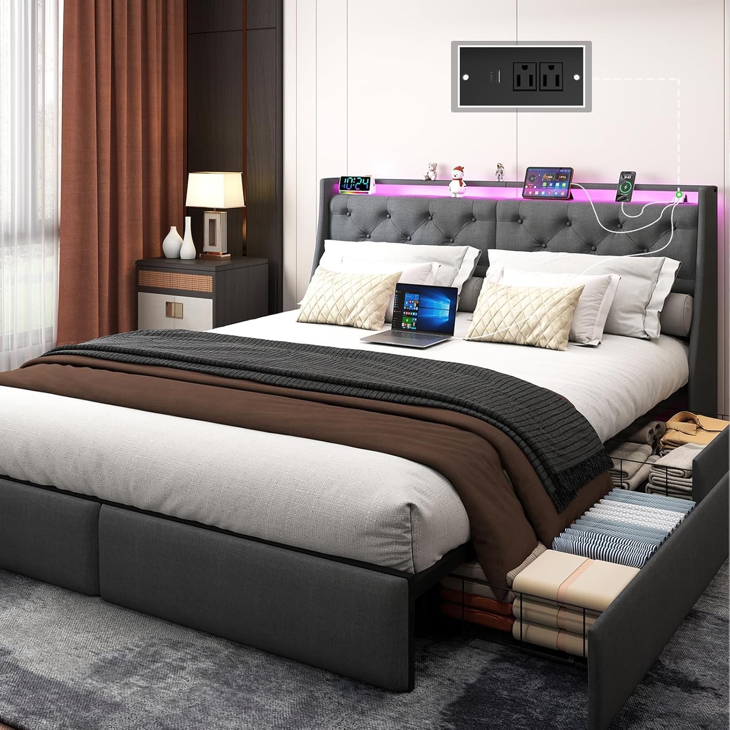 Button Tuffed Full Queen King Upholstered Bed Frame with Charging and Headboard