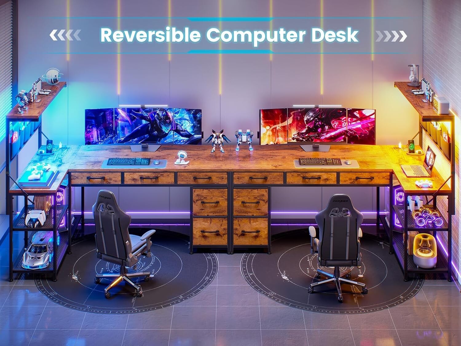 L Shaped Office Desk, Reversible Computer Desk with 5 Drawers & Storage Shelves
