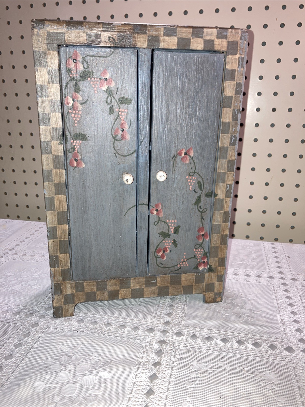 Primitive Hand Painted Wooden Cabinet Floral/Check 3 Shelf-Door Country Cottage