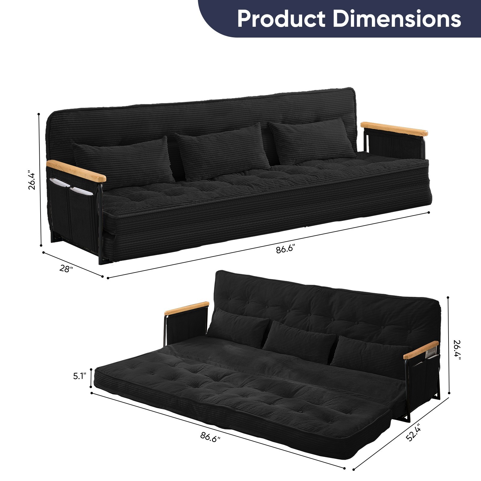Zafly 3 Seater Convertible Fold Out Sofa Bed with Side Pockets for Living Room