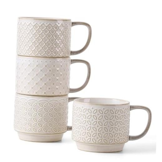 12oz Coffee Mugs Set of 4, Ceramic Coffee Mugs, Stackable Cappuccino Cups,