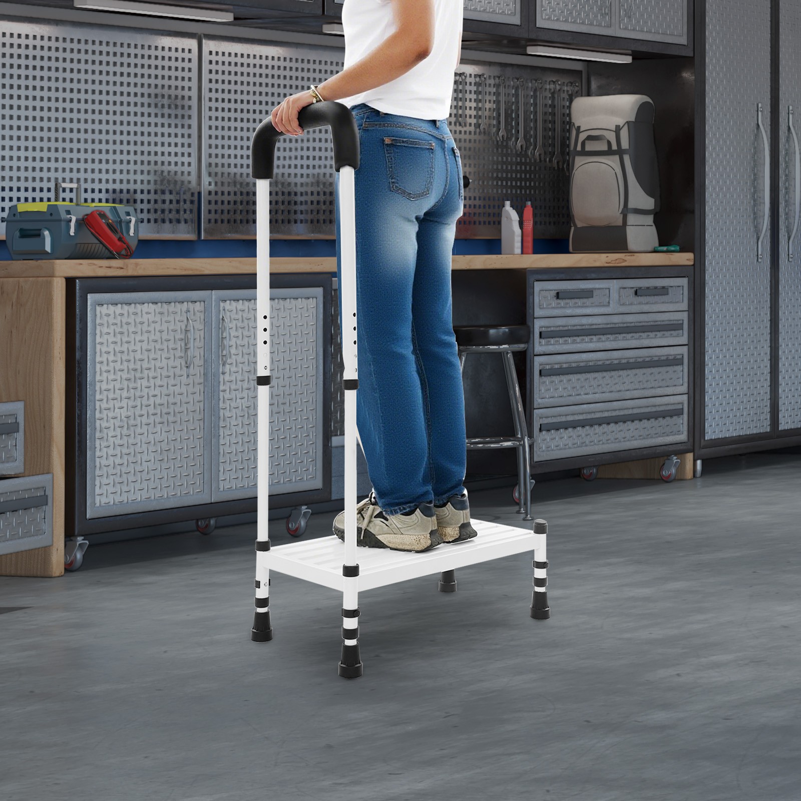 Step Stool with Handle Adult Ramp w/ Handrail Metal Stepping Stool 54*29*89-99cm
