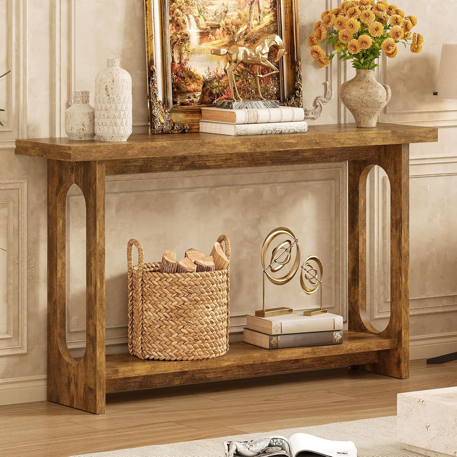 Vintage 55-Inch Farmhouse Console Table for Entryway, Living Room & Hallway