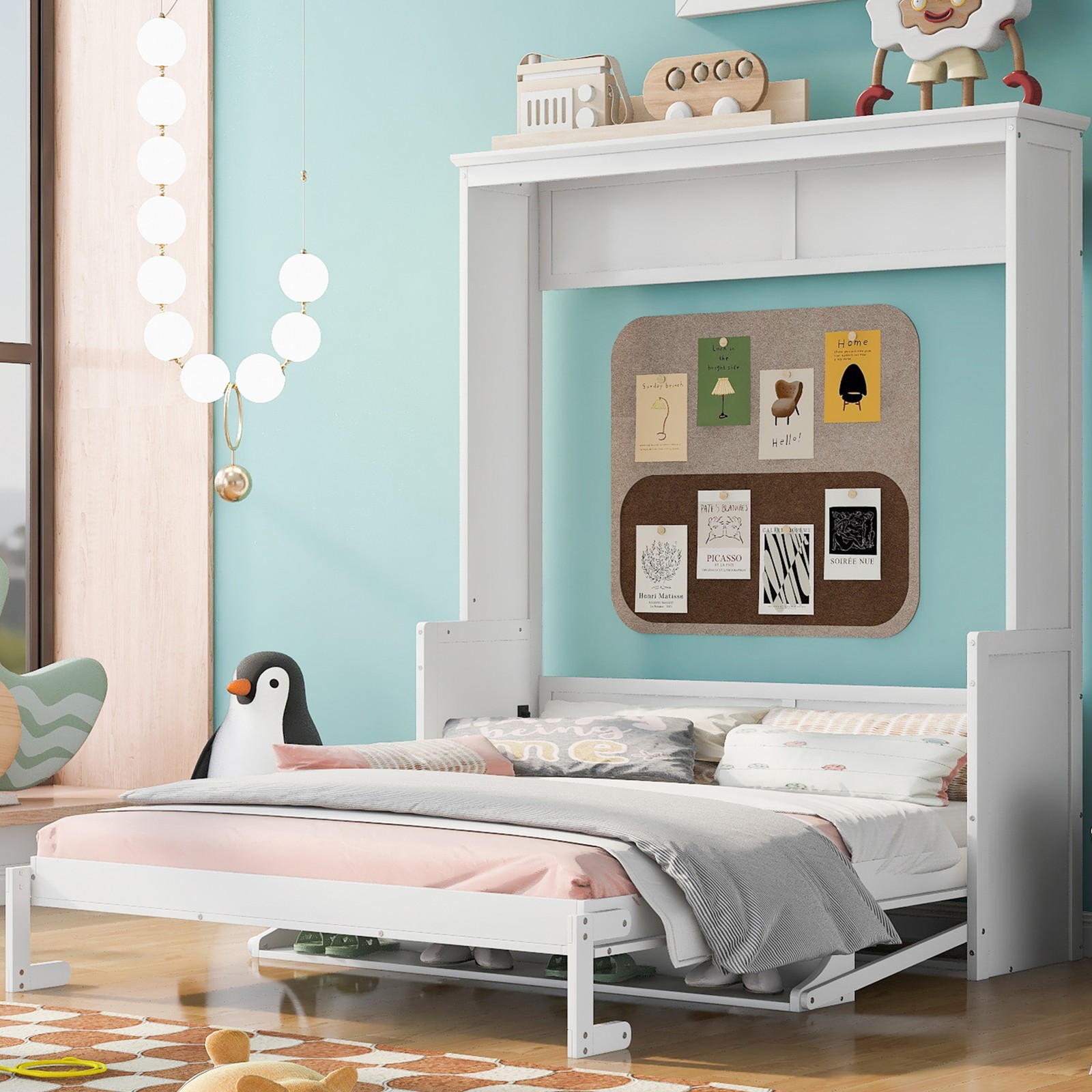 Queen Murphy Bed with Shelf, White, Solid Wood & MDF Frame