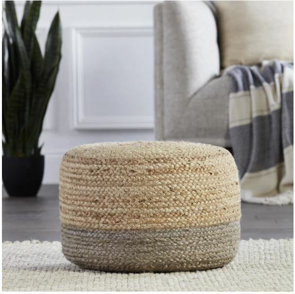 New Brown and Beige Circle Shaped Jute Pouf Polystyrene Beads Ottoman Foot Stool