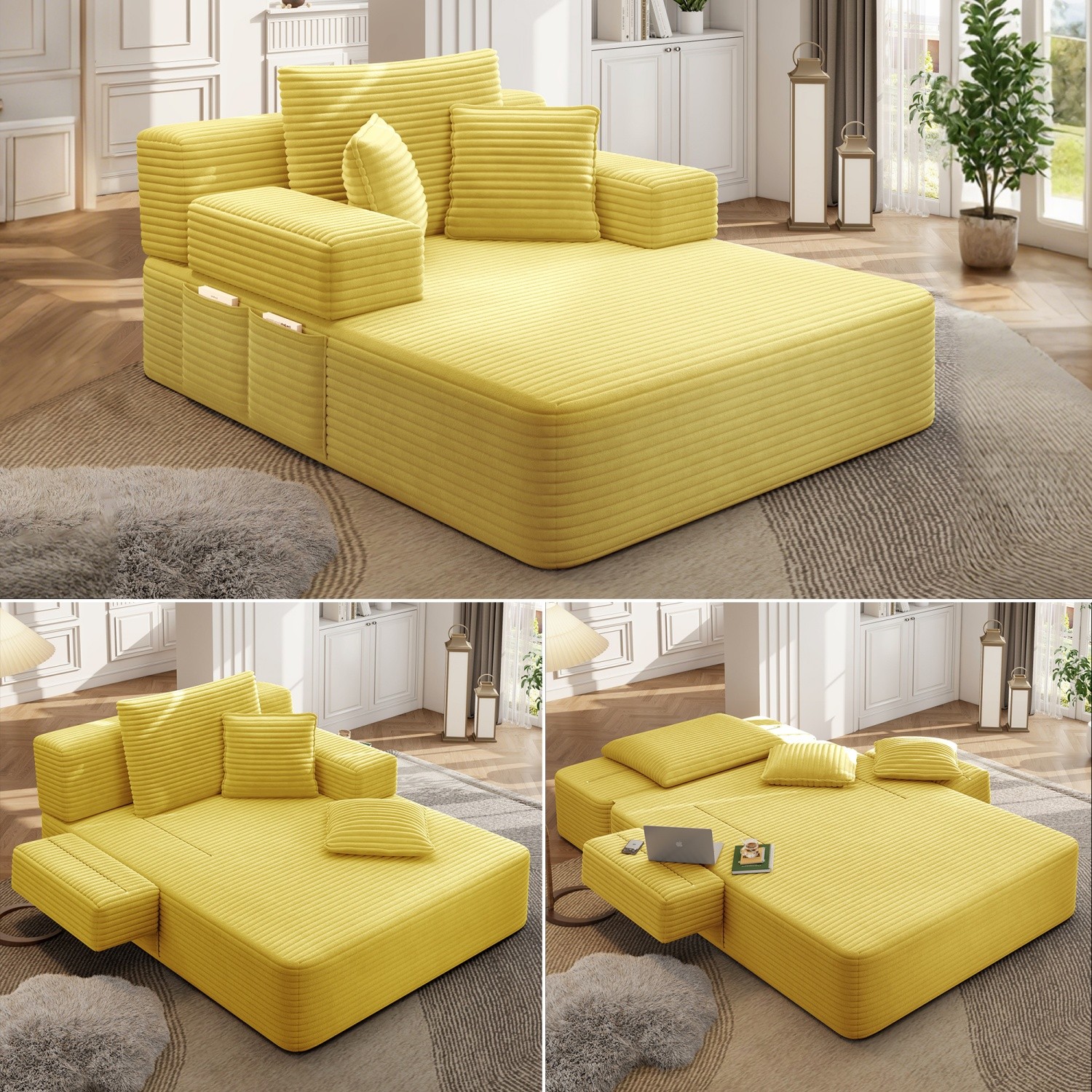 Modern Plush Corduroy Sofa Bed Chaise Lounge No Assembly Required with 3 Pillows