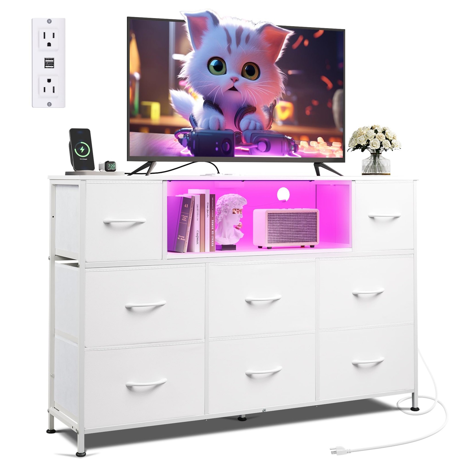 WLIVE White Dresser TV Stand for 45, 50, 11.73″D X 47.17″W X 26.38″H,