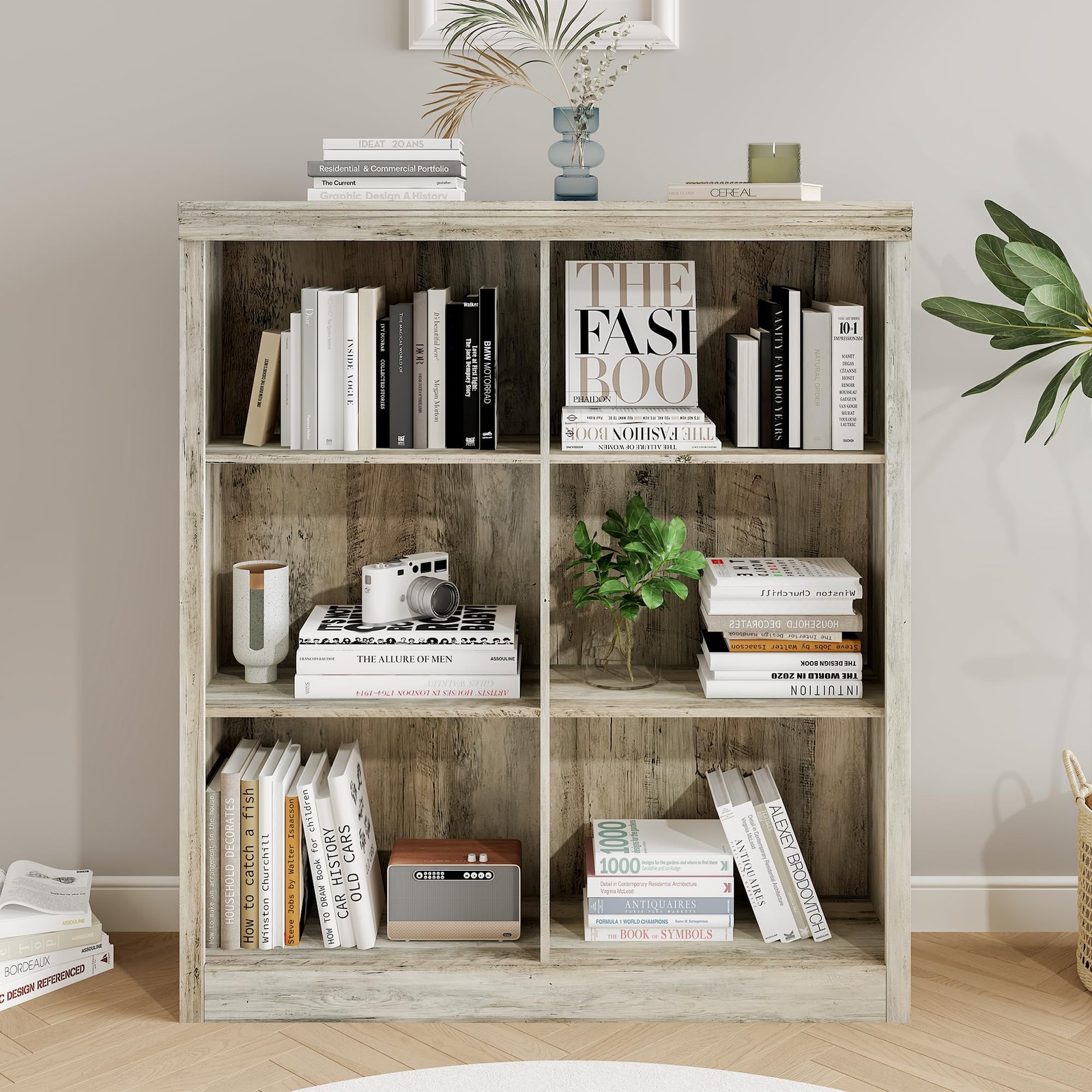 6-Cube Storage Organizer Bookshelf Farmhouse Wooden Bookcase with Open Shelves
