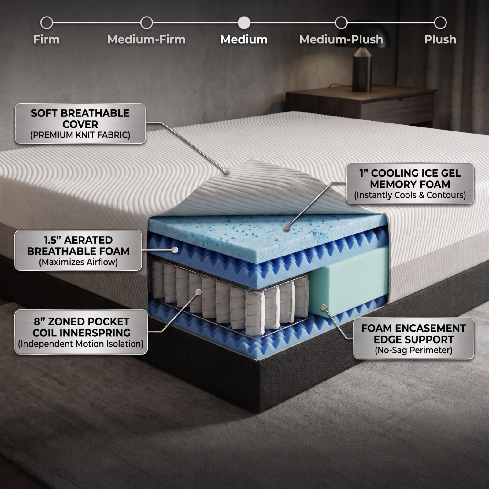 12″ Deluxe Cooling Gel Memory Foam & Pocket Coil Hybrid Mattress Medium Firm