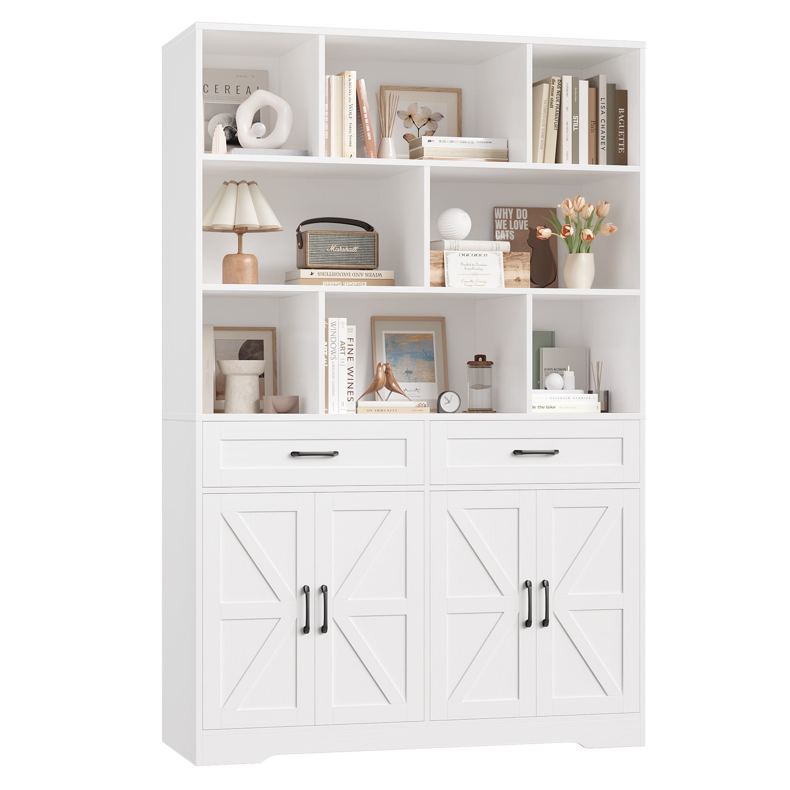 Hiphuta 71in Tall White Cube Bookcase with Drawers and Doors, 6-Tier Large
