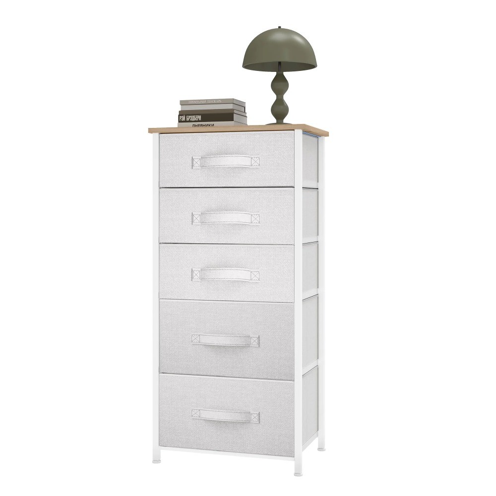 Light Gray 5-Drawer Fabric Storage Tower, Steel & Wood Top for Living Room