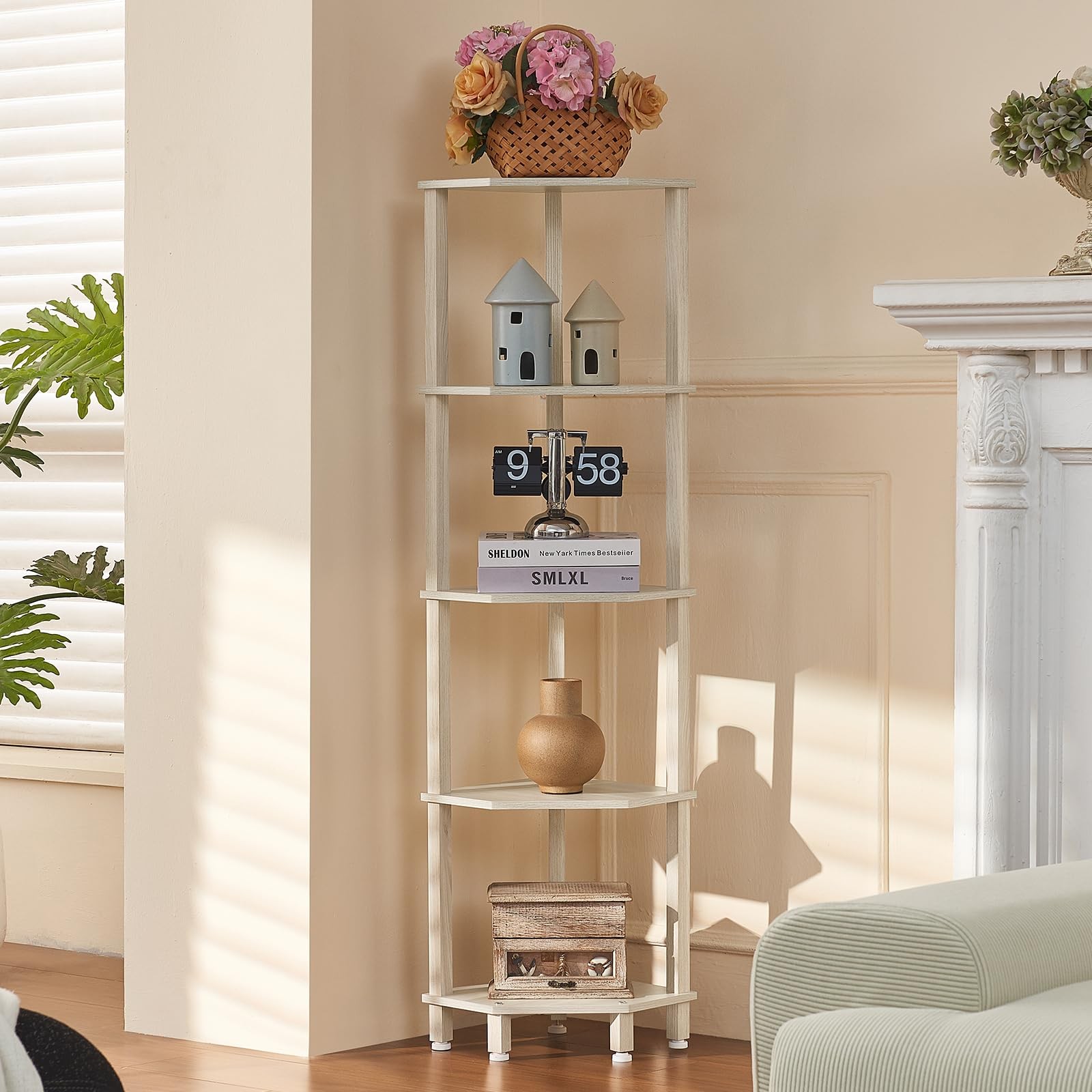 5 Tier Corner Shelf Sturdy Wooden Bookshelf Small Spaces Living Room Grey White