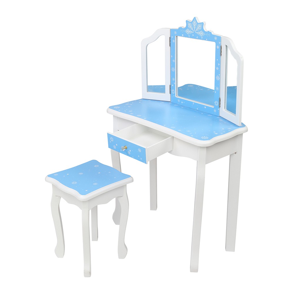 Children’s Wooden Dressing Table with Three-Sided Folding Mirror