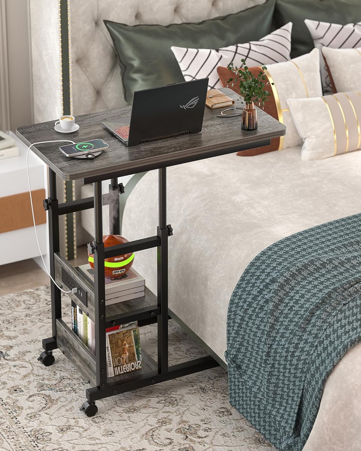 Height Adjustable C-Shaped End Table with Wheels & Charging Station – Grey Oak